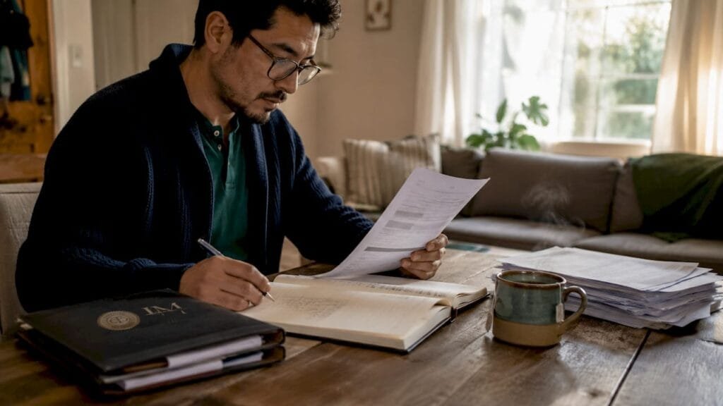 Man reviewing IRS tax documents at home desk