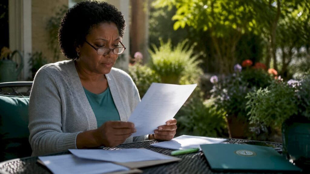 Woman reviewing IRS examination letter at home office table.