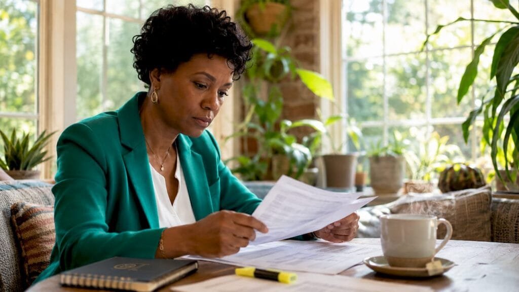 Woman reviewing FBAR tax compliance documents at home office