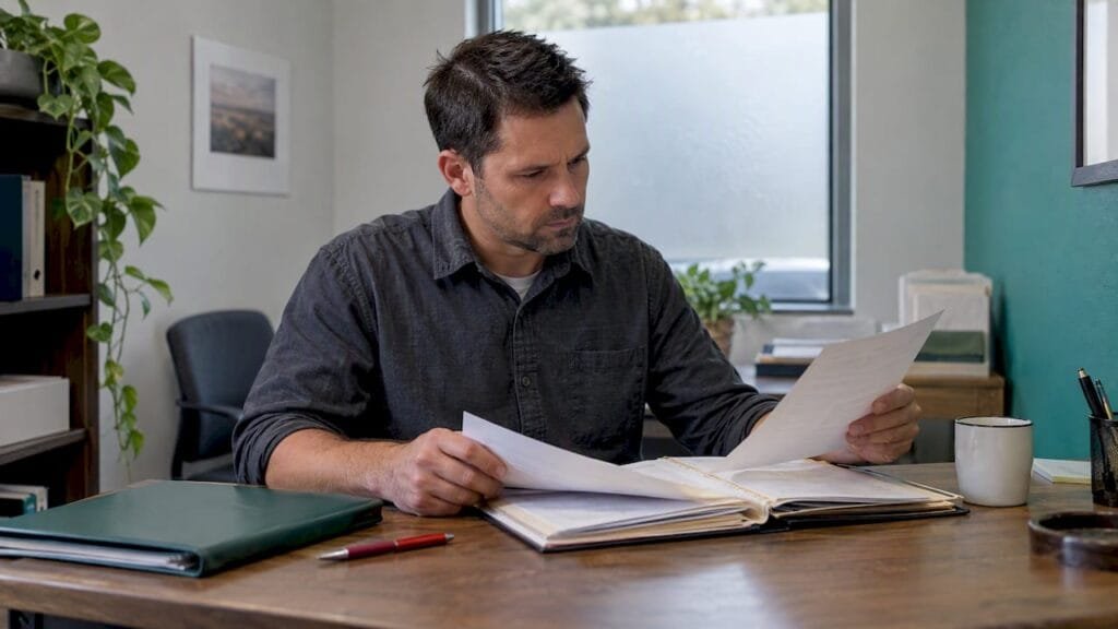 Taxpayer reviewing IRS notice and records