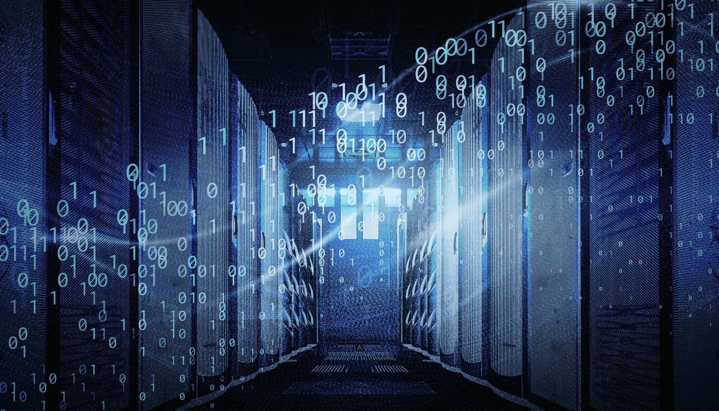 Rows of illuminated servers in a data centre, illustrating Mistral's EUR830 million investment in sovereign AI infrastructure near Paris.