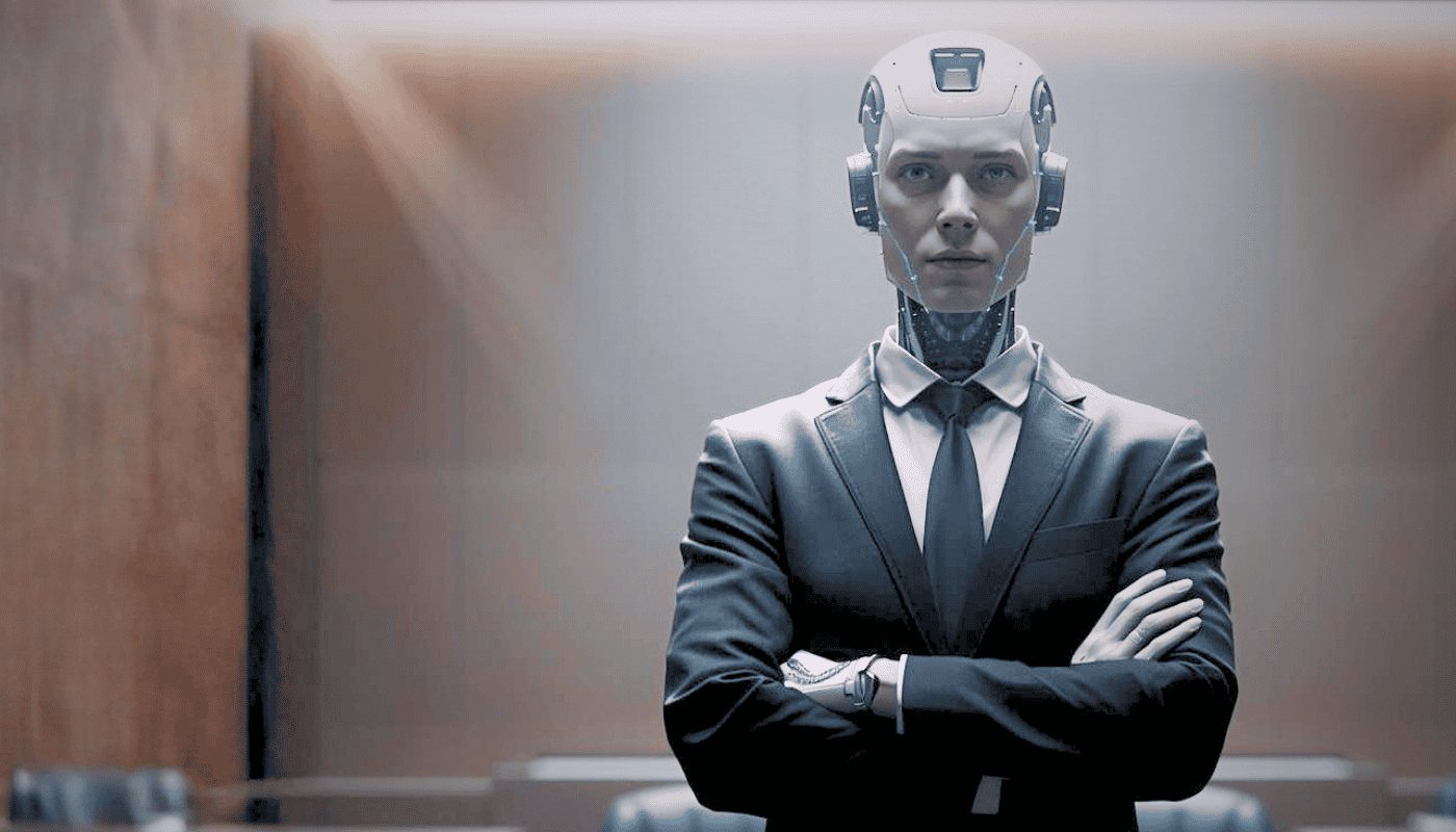 An AI lawyer in a courtroom, illustrating the rise of vertical AI tools like Harvey that are transforming legal workflows and reaching multi-billion dollar valuations.