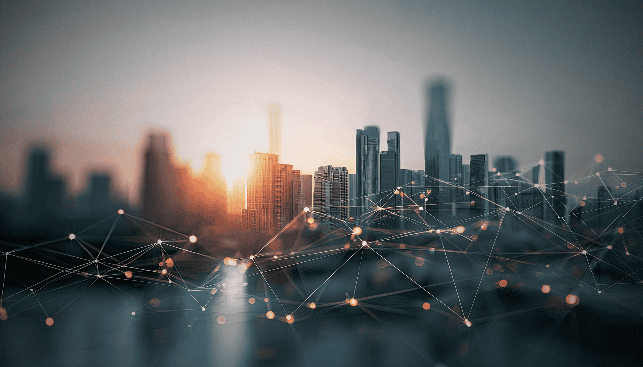 A digital network illustration over a European city skyline, illustrating the launch of Eurosky as a European alternative to Meta and X amid growing calls for digital sovereignty.