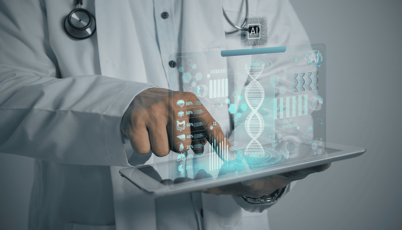 A researcher in a modern pharmaceutical laboratory working alongside digital screens displaying data, illustrating Novo Nordisk's partnership with OpenAI to deploy AI across drug discovery, manufacturing and commercial operations.
