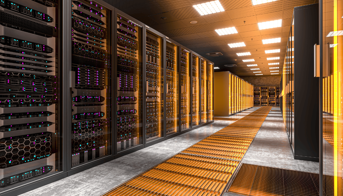 Rows of illuminated server racks in a data centre, representing Nvidia's record-breaking Q1 revenue driven by AI chip demand and the Gulf's growing dependence on Nvidia infrastructure for its sovereign AI ambitions.