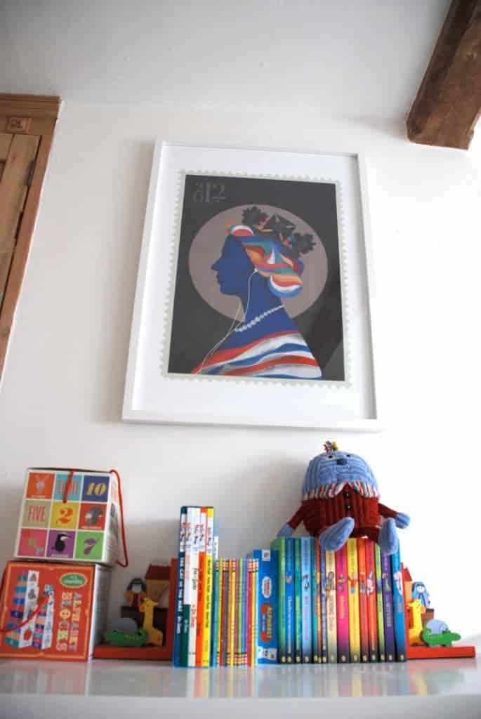 twin nursery tour - colourful books and art print