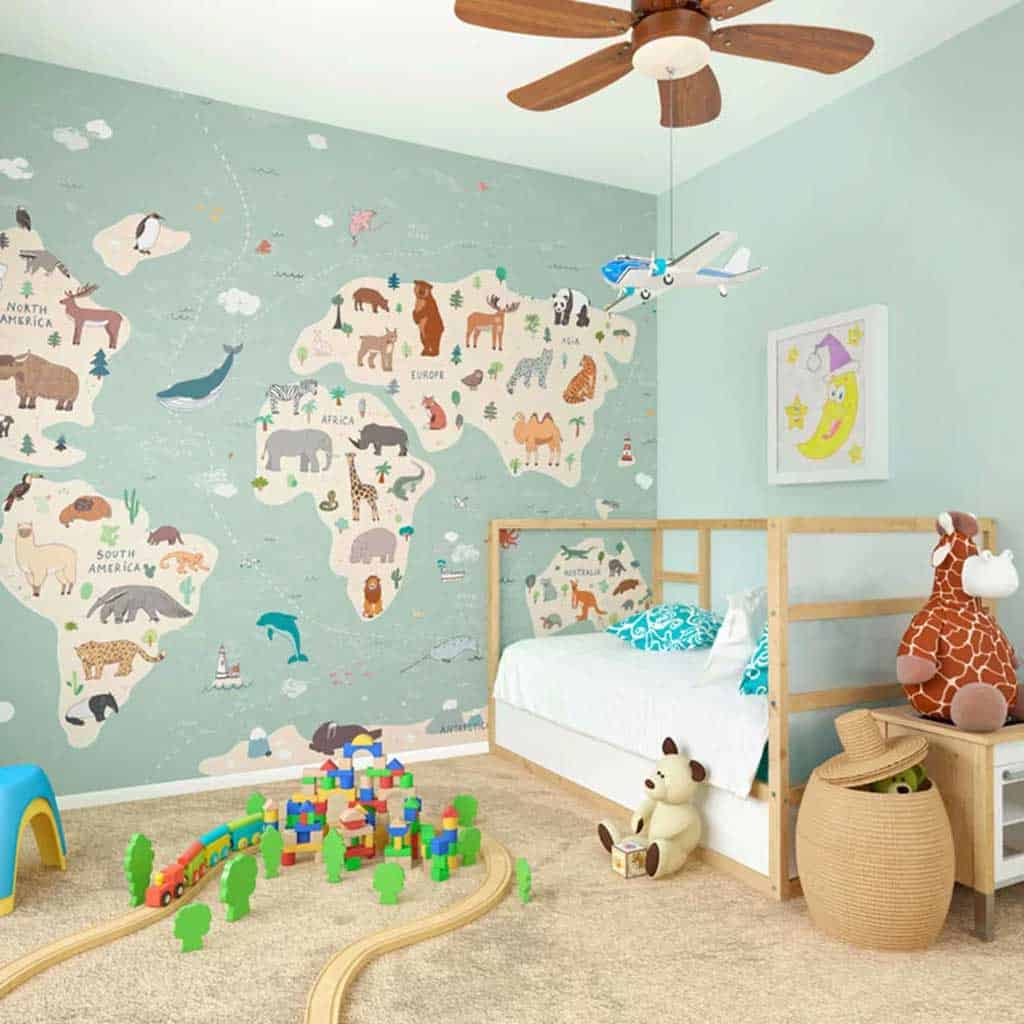 World map wallpaper for kids bedrooms.