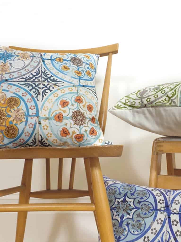 patterned tile flooring used as decoration on cushions and soft furnishings. 