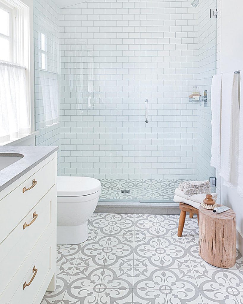 Decorative flooring elevates this bathroom and gives it the edge.