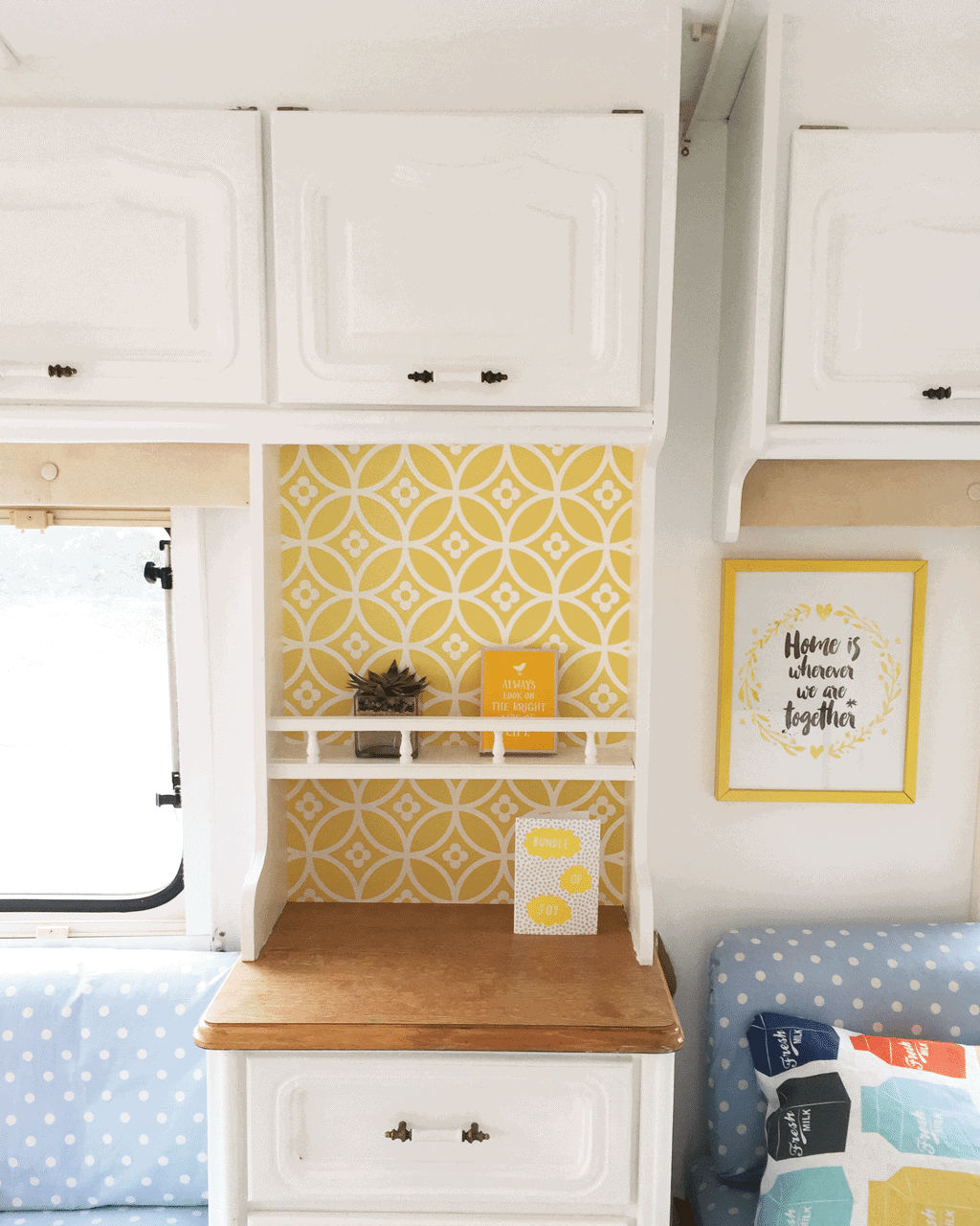 Yellow colour scheme for a small caravan interior.