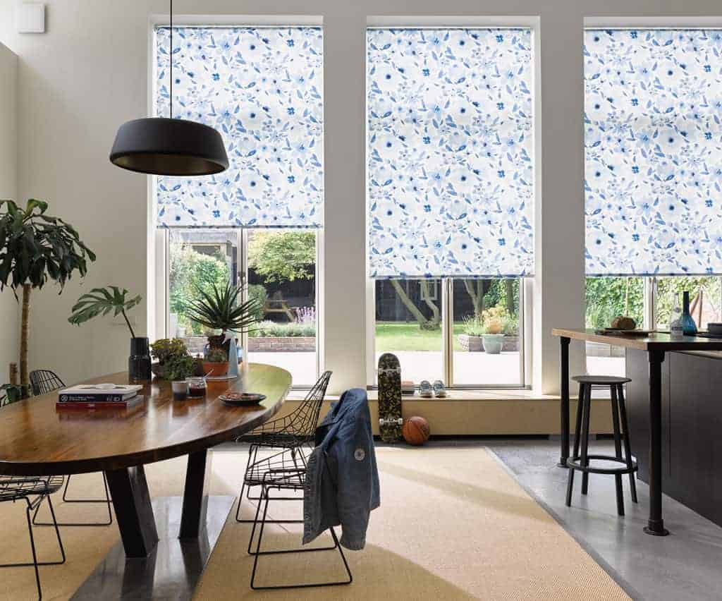 Navy and White Botanical roller blinds from Luxaflex
