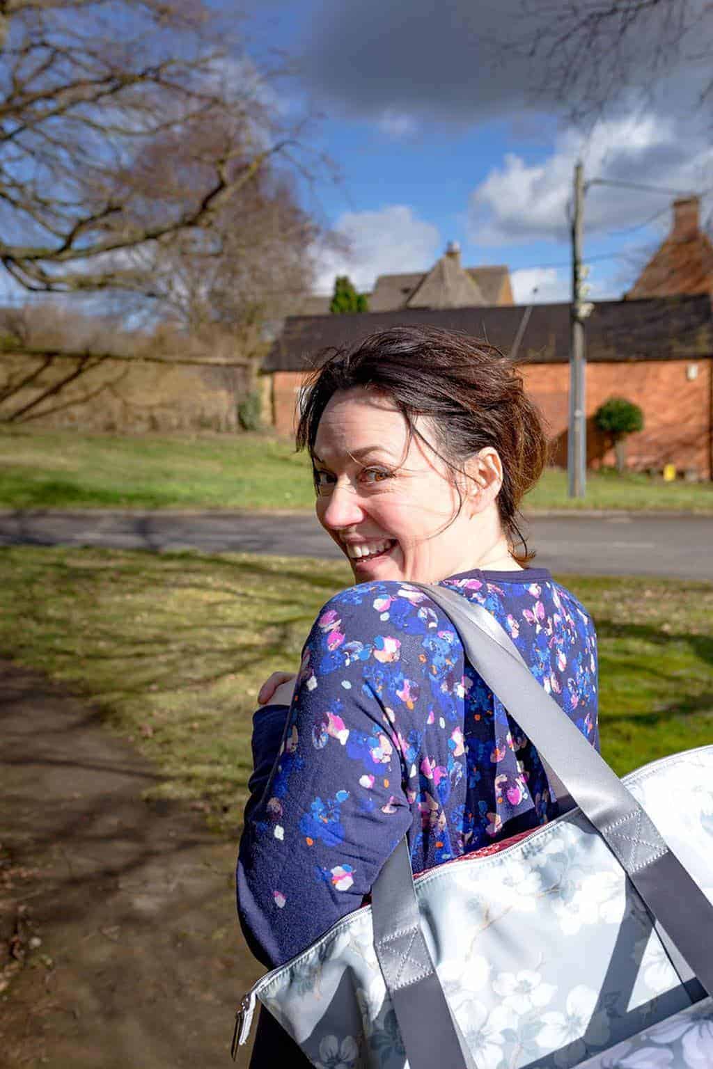Walking to Pilates in Joules activewear with Laura Ashley gym bag