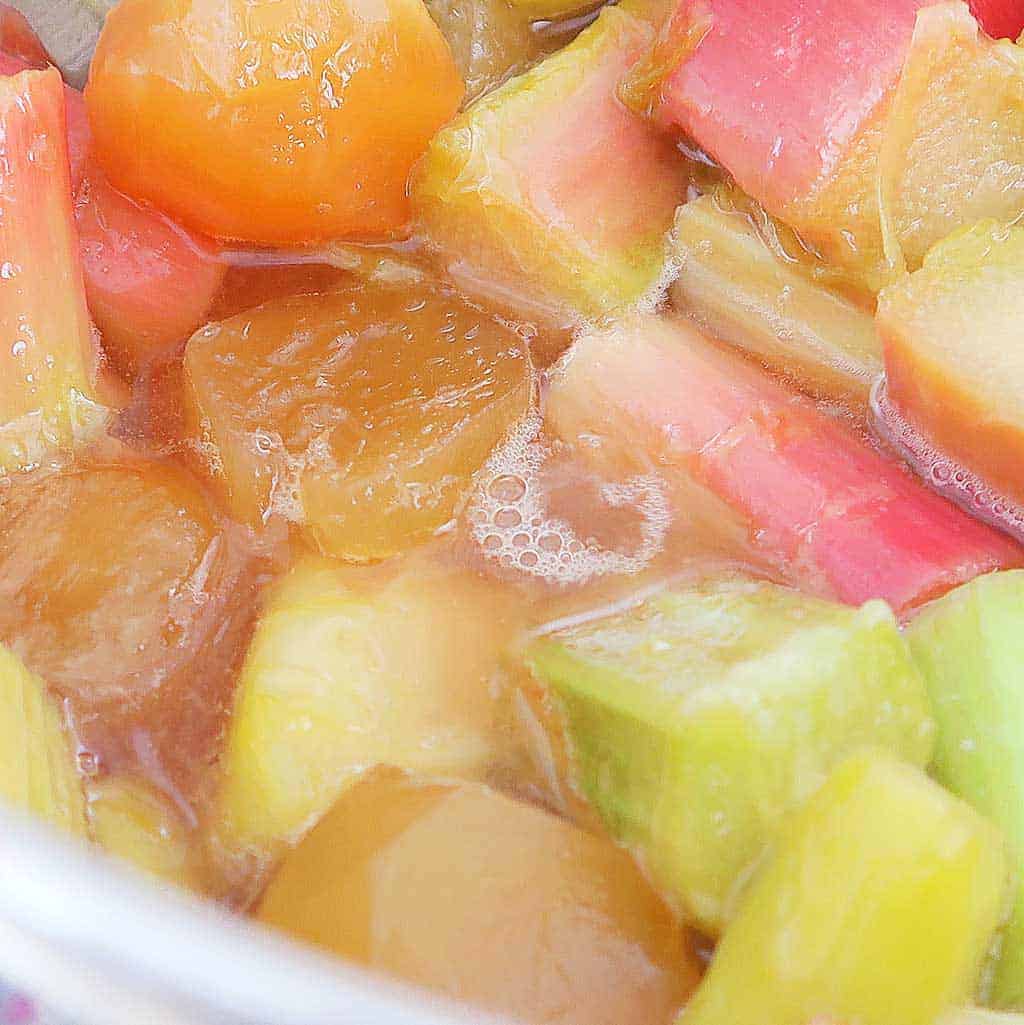 cooling cooked rhubarb and ginger for homemade gin