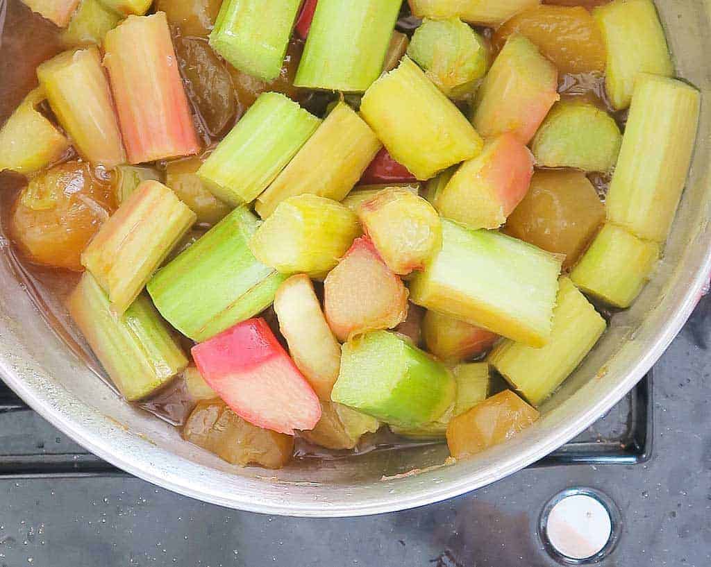 cooking rhubarb and ginger for homemade gin