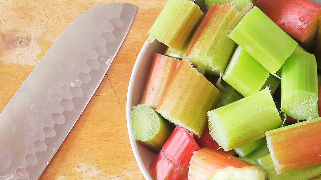 chopping the rhubarb for homemade rhubarb gin