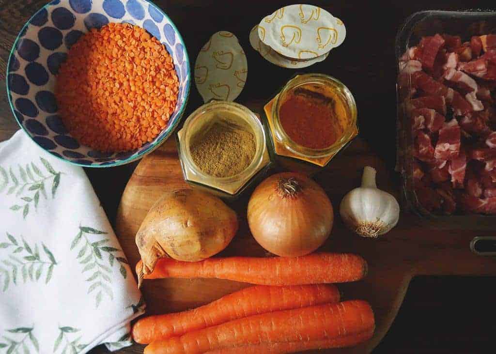 Ingredients for the most delicious quick and easy lentil and bacon soup recipe.