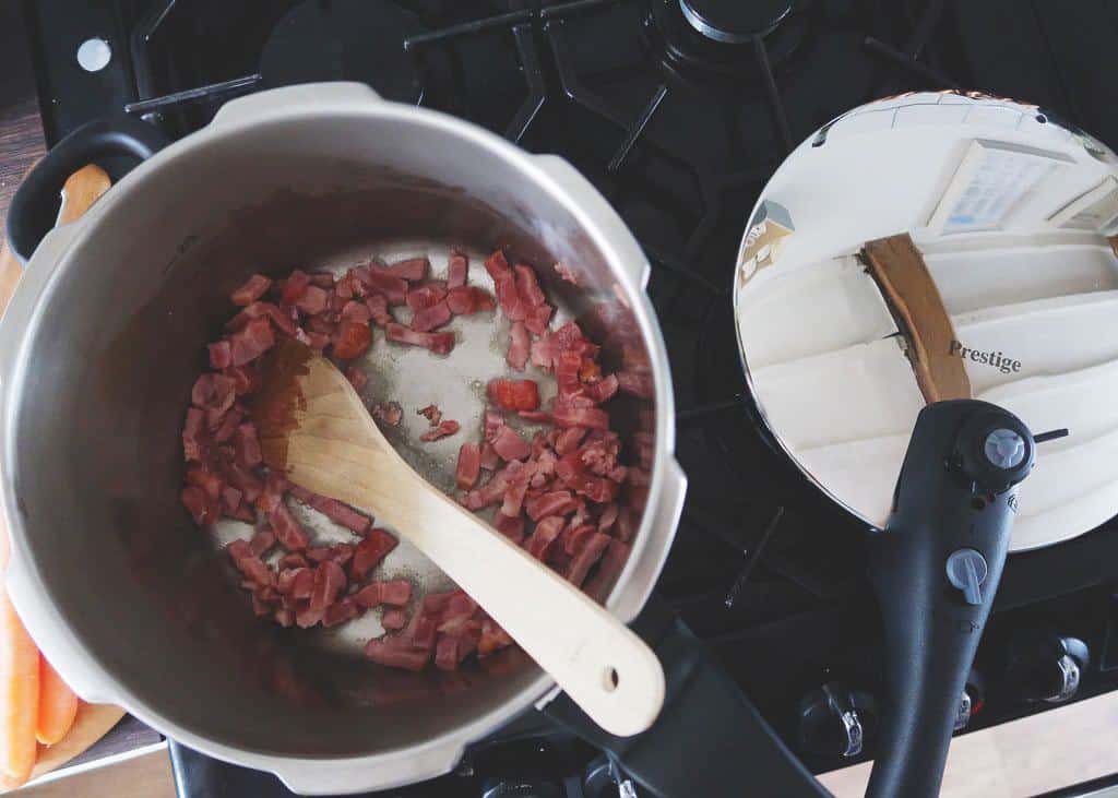 Step one of our quick and easy 15 minute pressure cooker lentil and bacon soup recipe.
