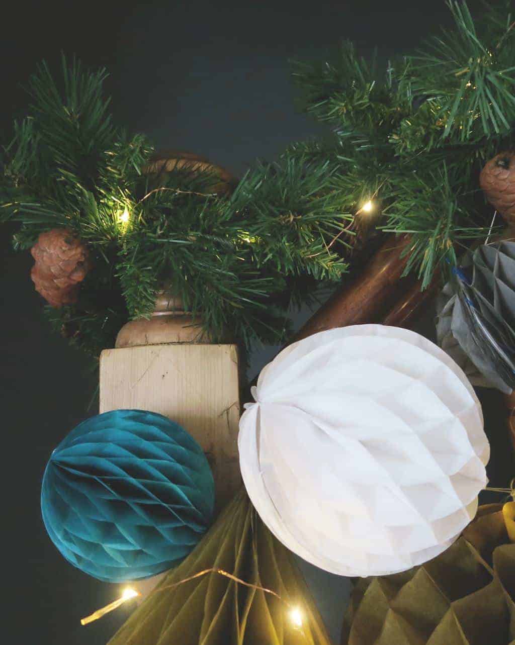 Alternative Christmas Decor | Decorating a Staircase with Honeycomb Balls