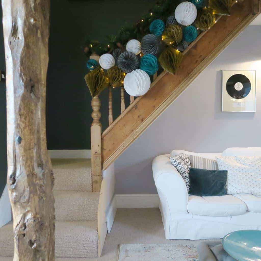 Alternative Christmas Decor | Decorating a Staircase with Honeycomb Balls