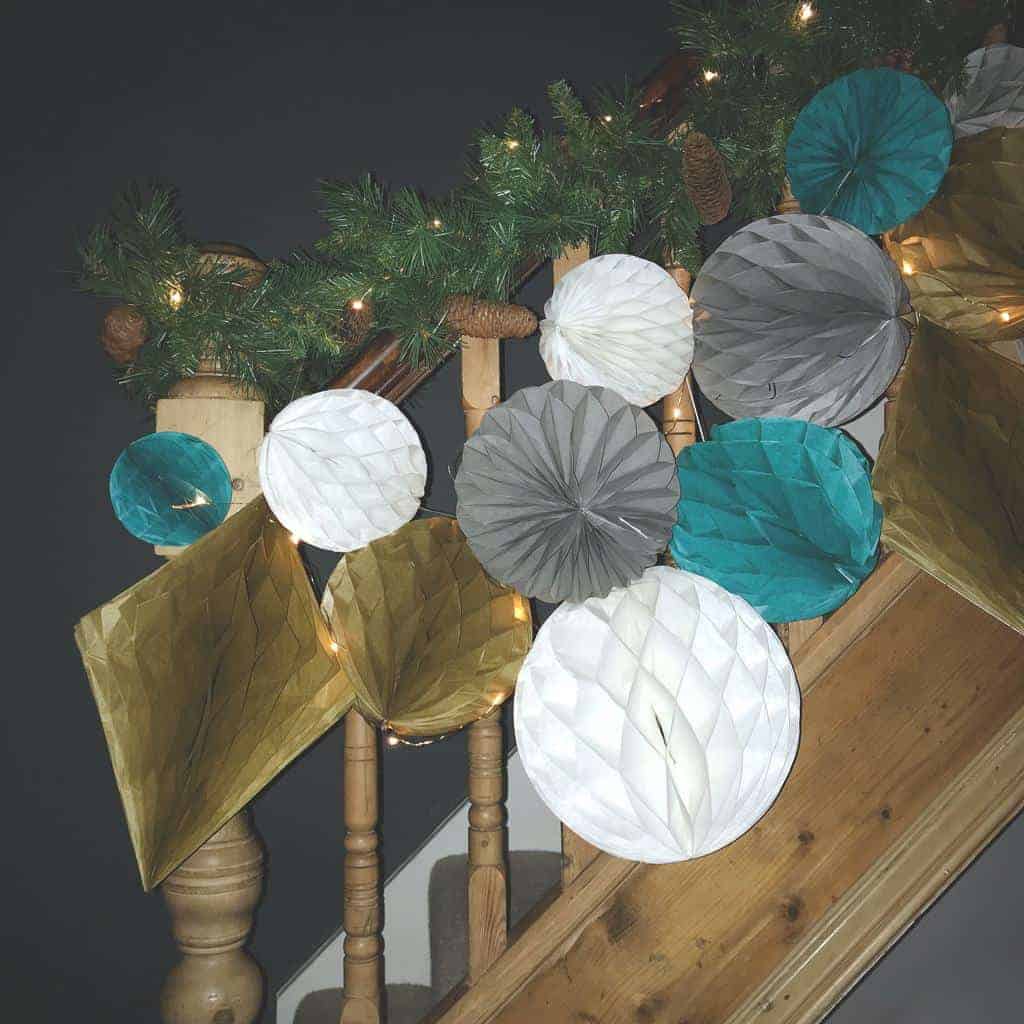Alternative Christmas Decor | Decorating a Staircase with Honeycomb Balls