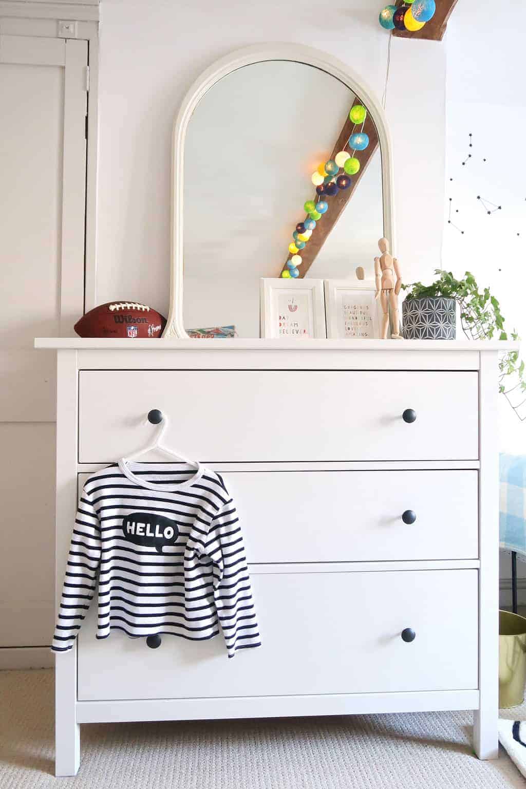 The Listed Home twin bedroom makeover — monochrome kids bedroom decor — Hemnes chest of drawers from IKEA
