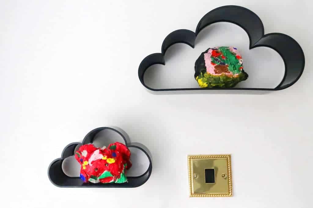 The Listed Home twin bedroom makeover — monochrome kids bedroom decor — Cloud shelves from Flying Tiger