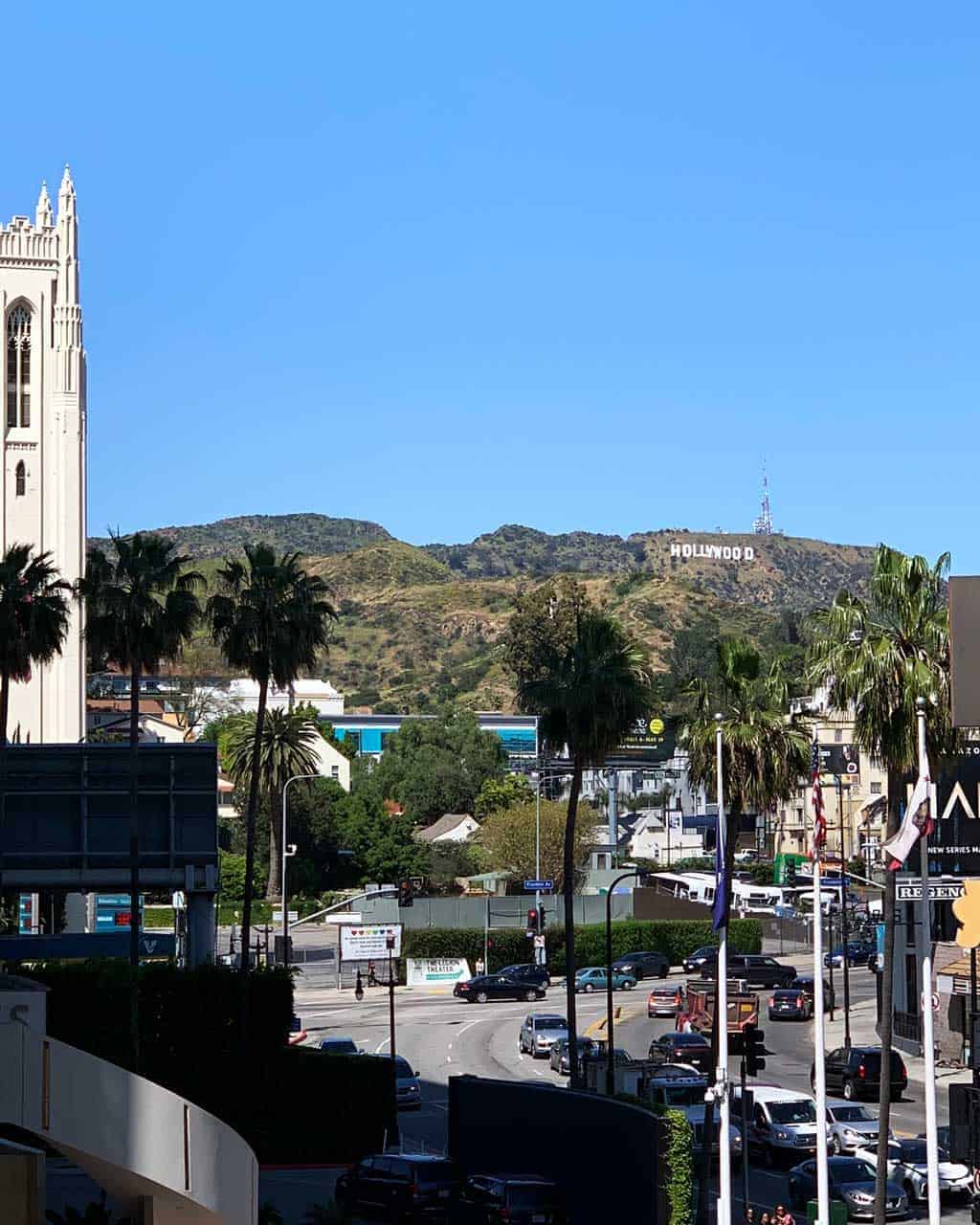 Downtown Hollywood with the Hollywood sign in the background — our family road trip LA to San Fran