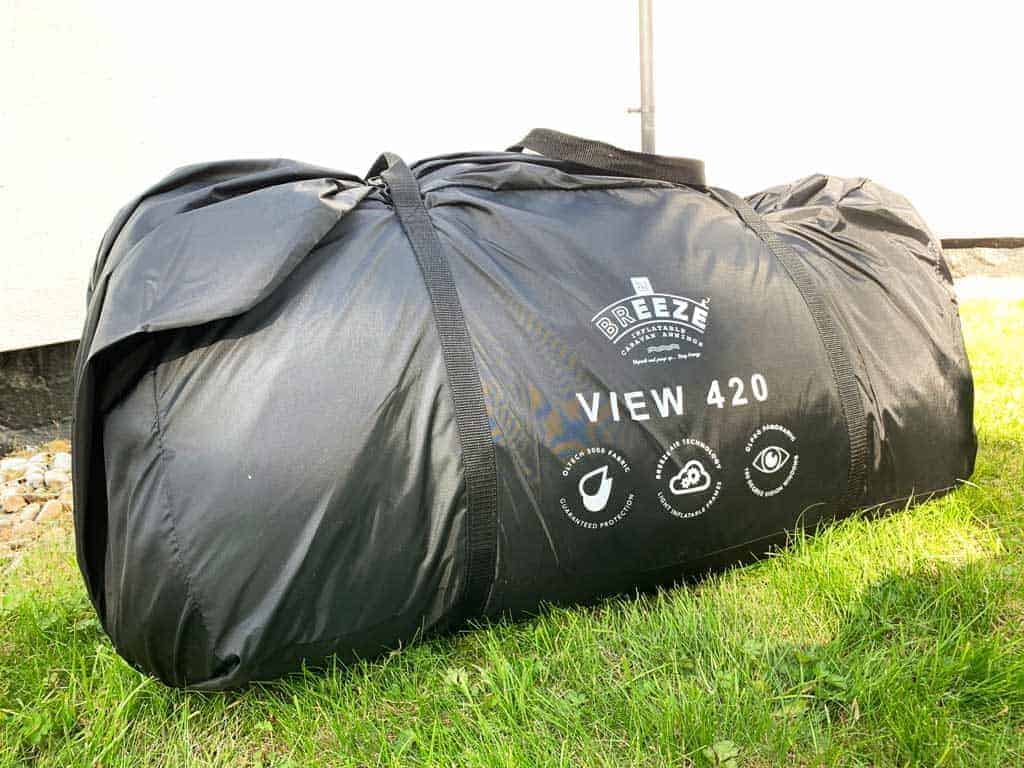 The OLPRO View 420 Caravan Inflatable Porch Awning in its bag