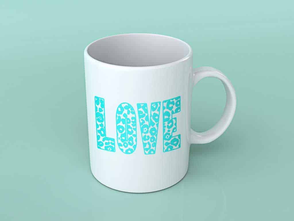 Leopard print letters on a mug