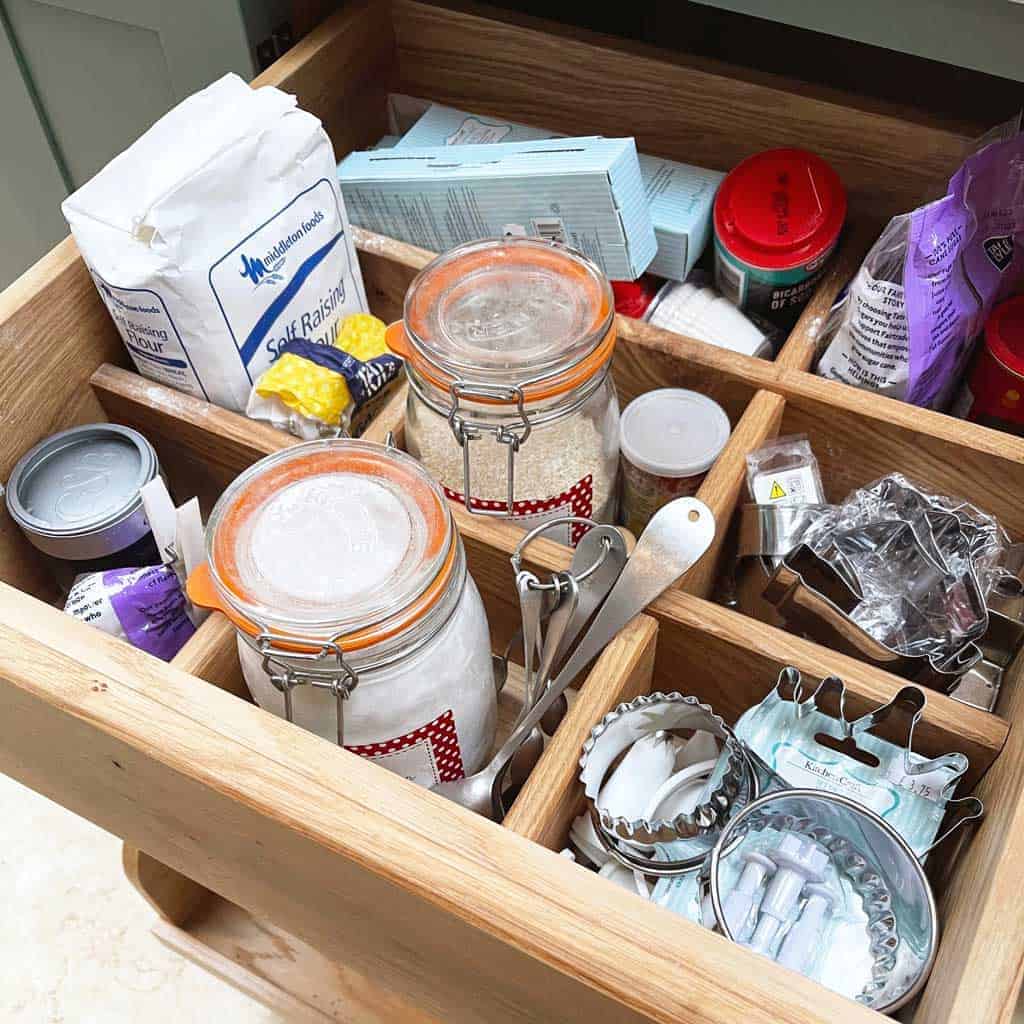 The baking drawer in the Listed Home kitchen  — full of all the ingredients for gingerbread biscuits