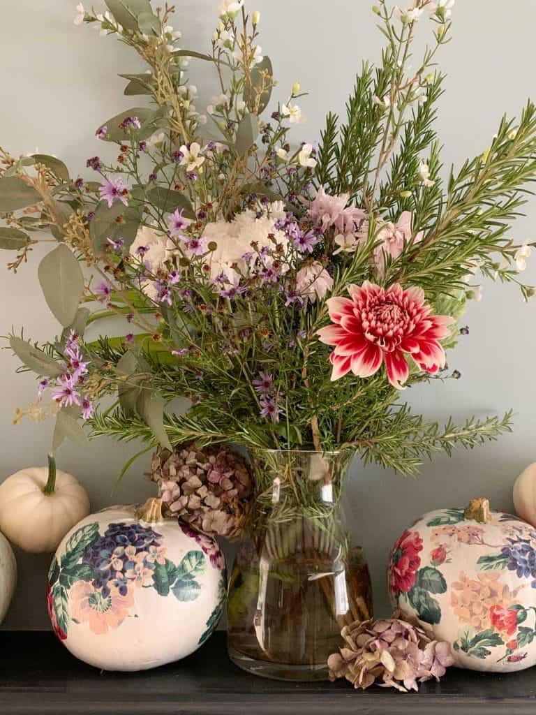 These pretty simple decoupage pumpkins make a lovely floral display for autumn
