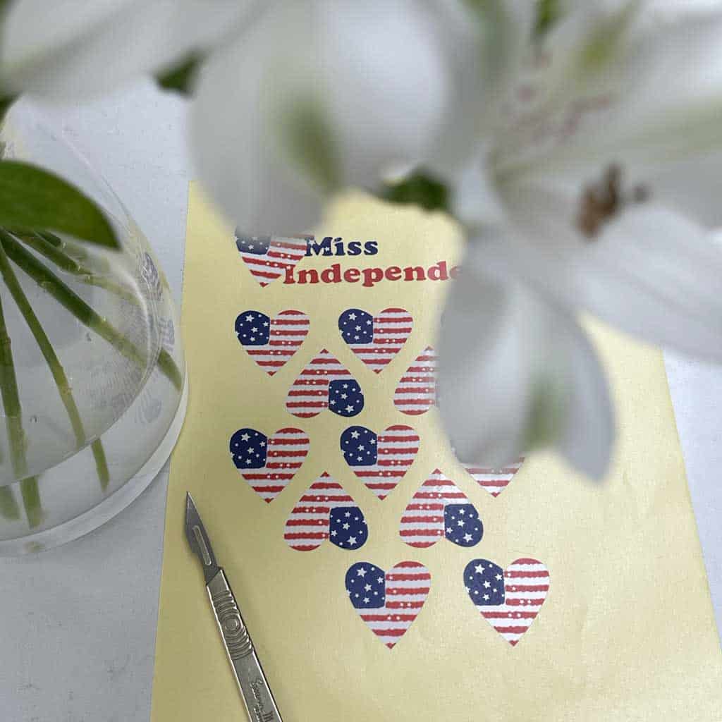 Sheet of stickers using the Miss Independent/American Flag Heart {Free SVG for Craft} 
