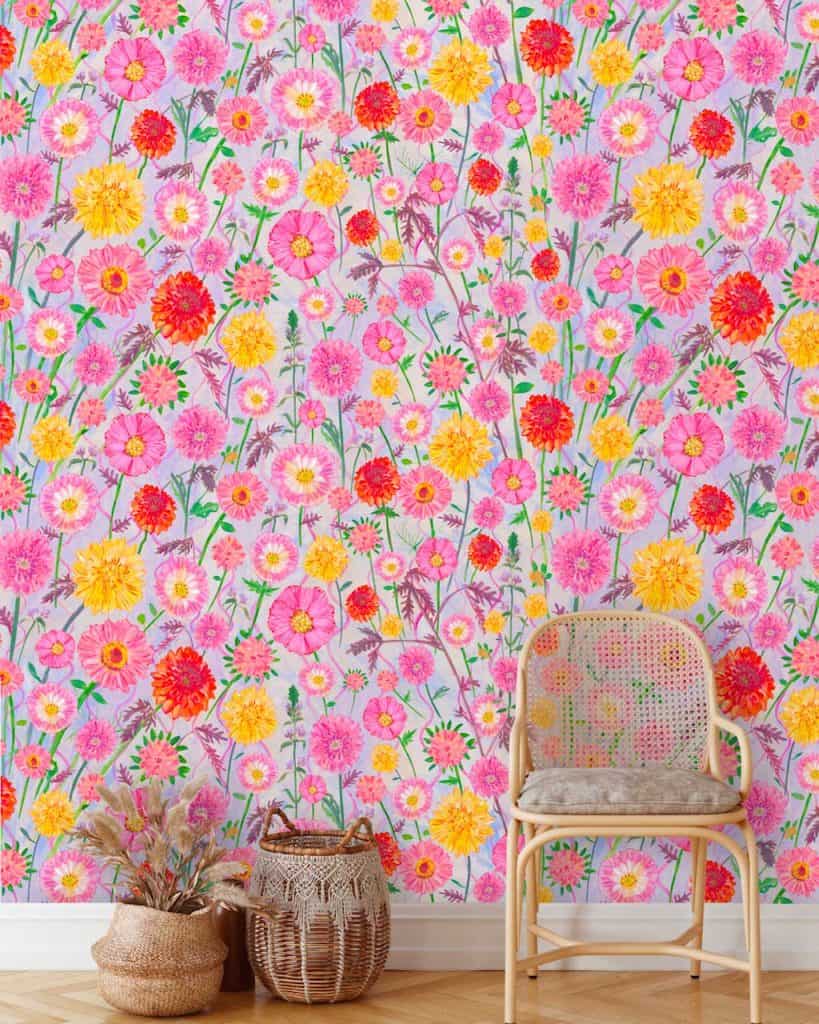 Zinnia Grande Pink Floral Wallpaper from Lucy Tiffney