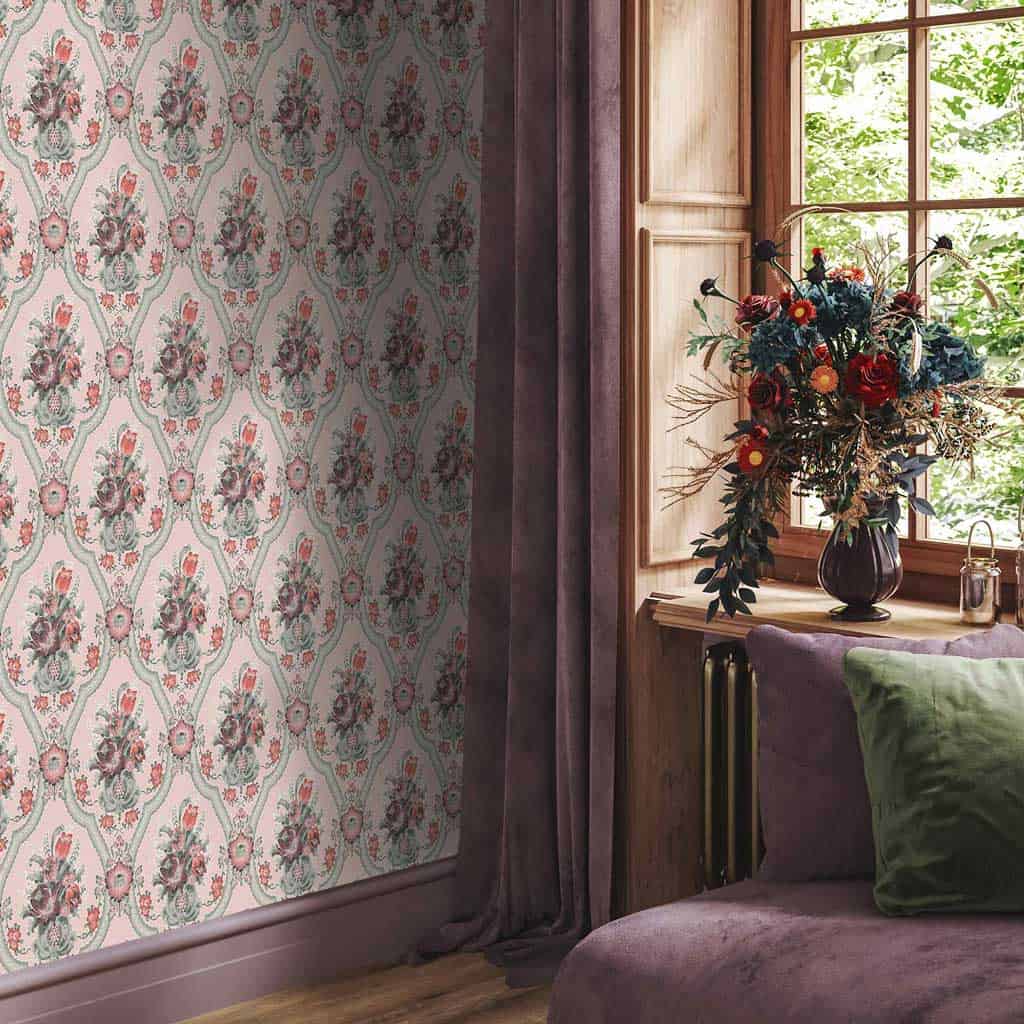 Pink floral wallpaper from Woodchip & Magnolia