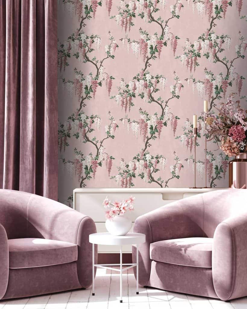 Pink floral wallpaper — Wisteria Pink