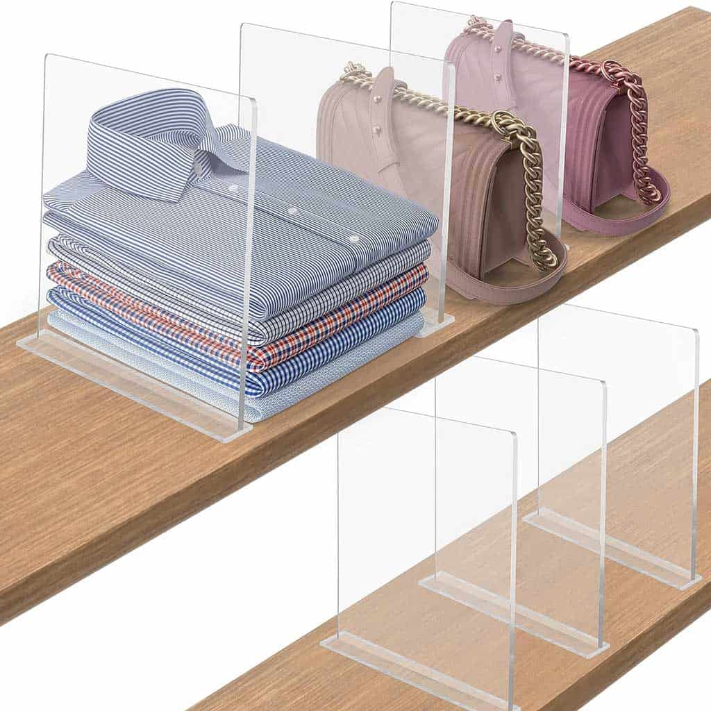 Clear plastic shelf dividers are a great option for wardrobe organization.