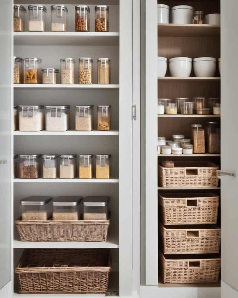 Pantry ideas include, rattan and wicker baskets are a great alternative to wire, as they can hide multicoloured labels and less than Pinterest-worthy packaging. 