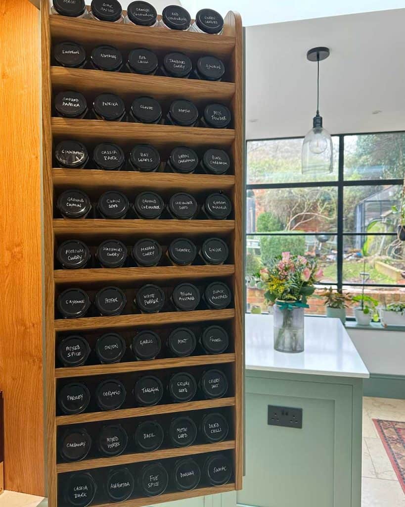 Pantry ideas — decant herbs and spices into little glass jars with the same colour lid, then write the name onto each lid for easy identification.