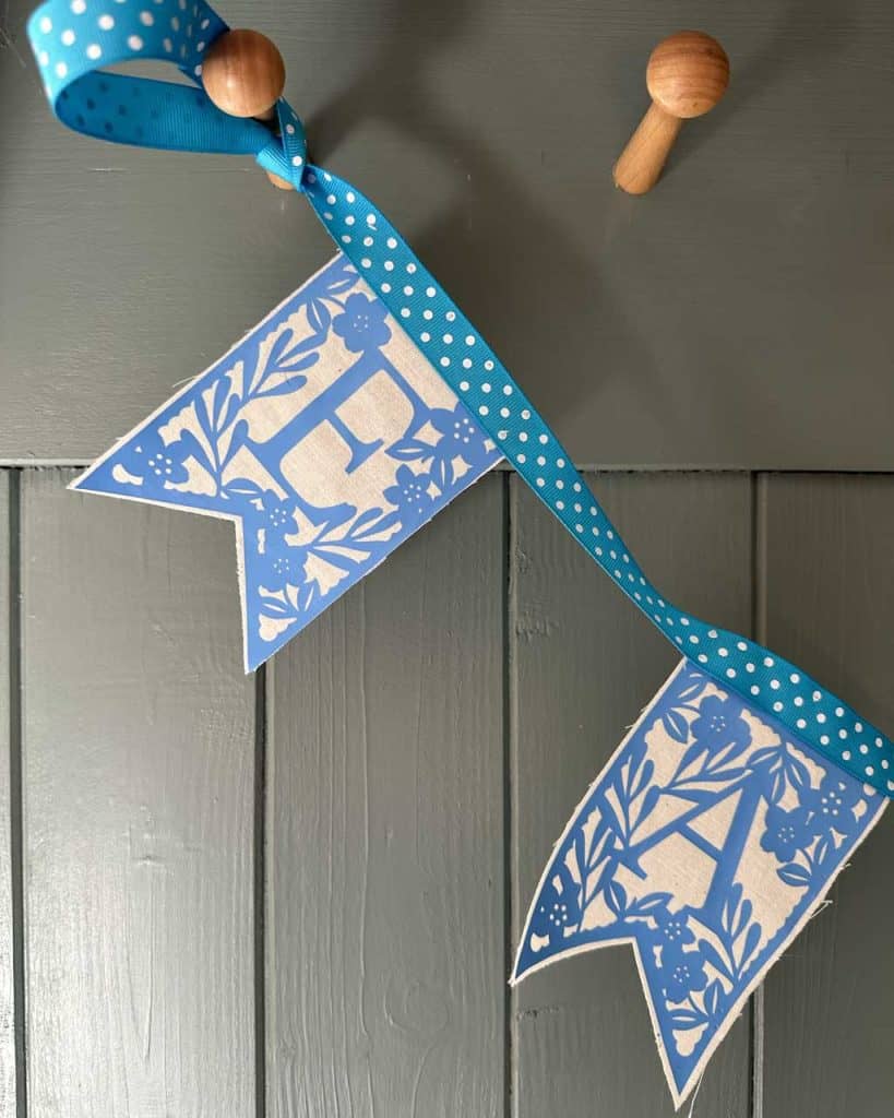 Pretty Easter bunting on a tongue and groove panneled background.