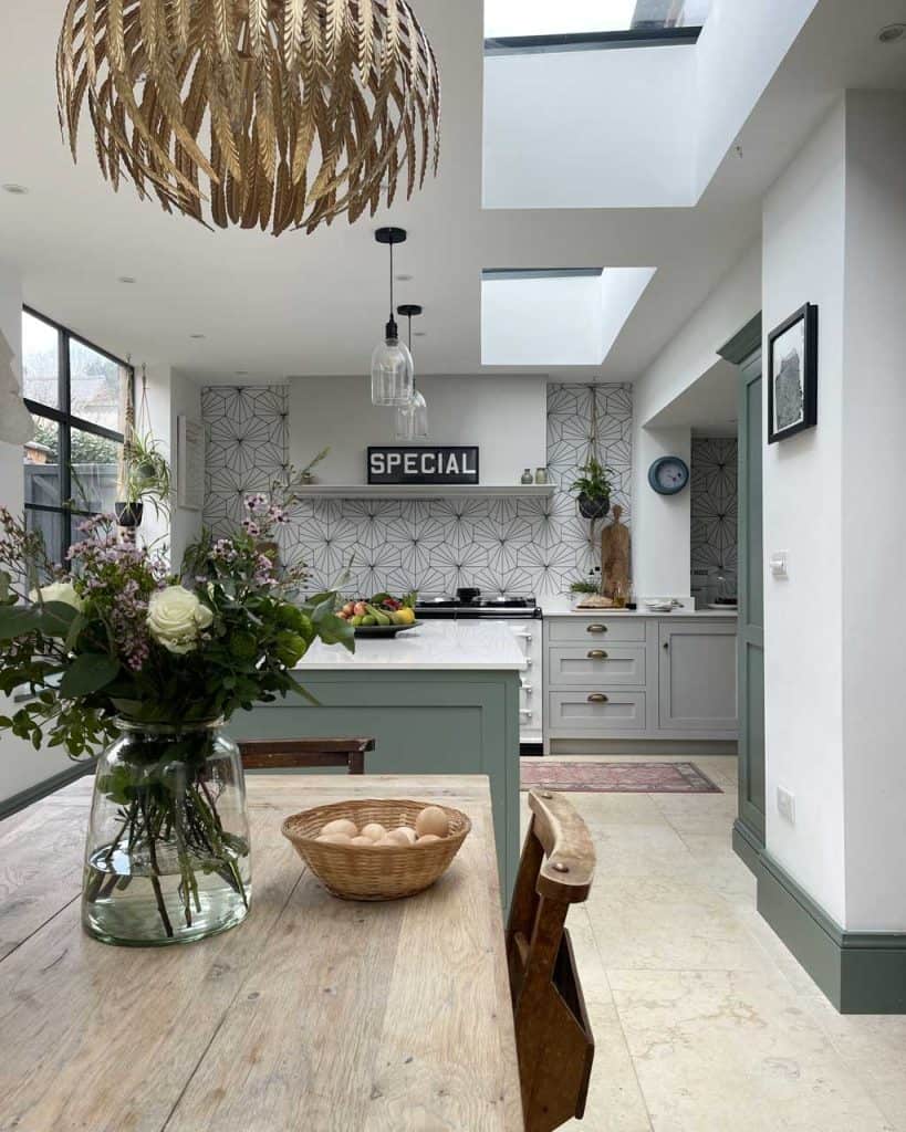 Kitchen decor in The Listed Home — invest in statement lighting to give the wow factor.