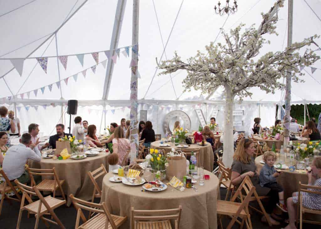 Decorations for Baby Naming Ceremony — LOVE lights, full sized blossom trees and yards of bunting.