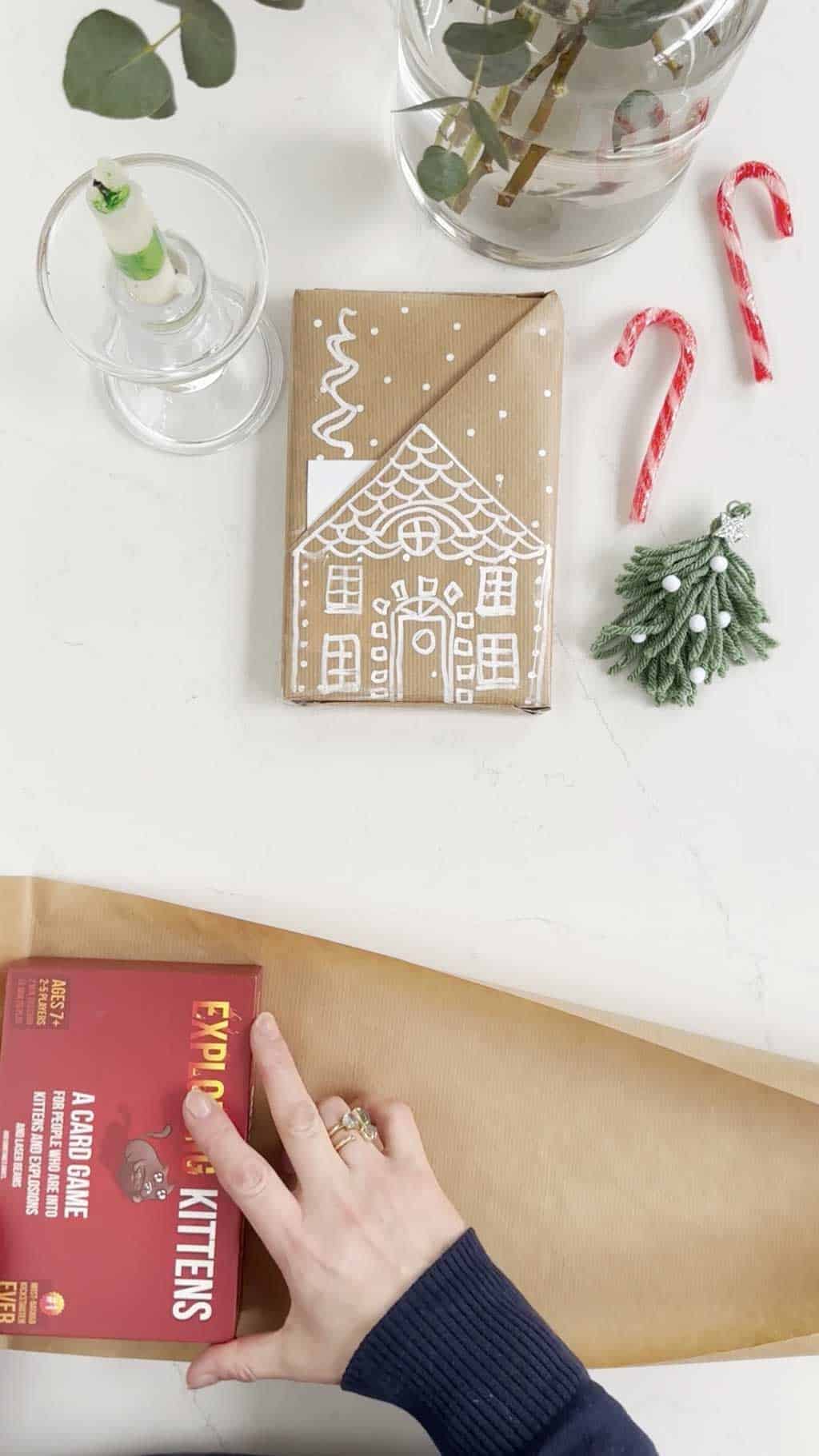 wrapping paper ideas — angled pocket gingerbread house present — Step 1