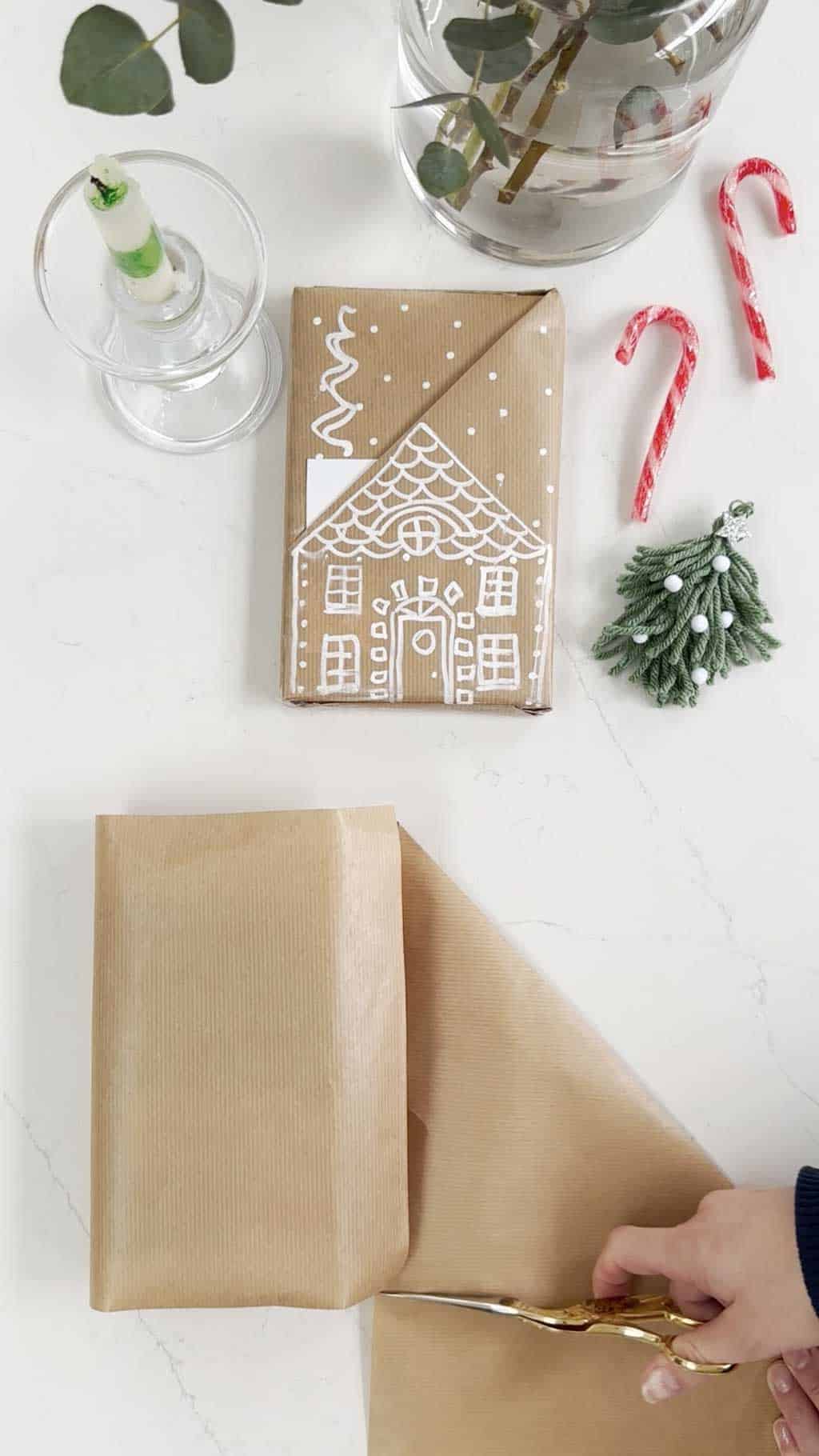 wrapping paper ideas — angled pocket gingerbread house present — Step 4