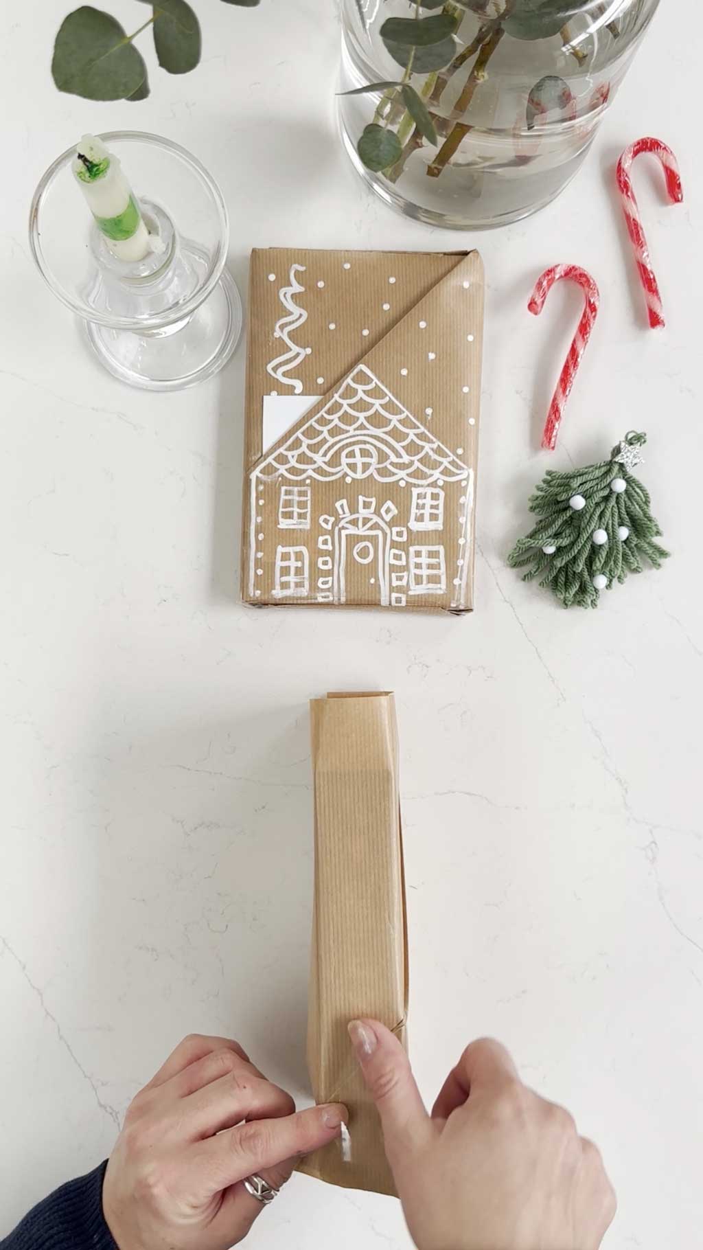 wrapping paper ideas — angled pocket gingerbread house present — Step 6