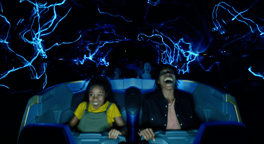 Guests enjoy a backward launch on the Guardians of the Galaxy: Cosmic Rewind coaster.