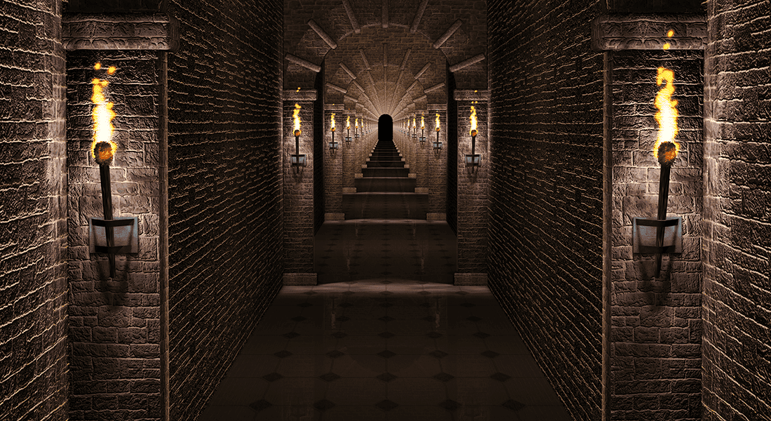 Dark hallway with walls lit by wall-mounted torches...