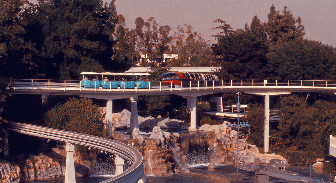 The Disneyland PeopleMover ran from July 1967 to August 1995. (photo by Gene Spesard, CC BY 2.0 via Wikimedia Commons. Image enhanced)