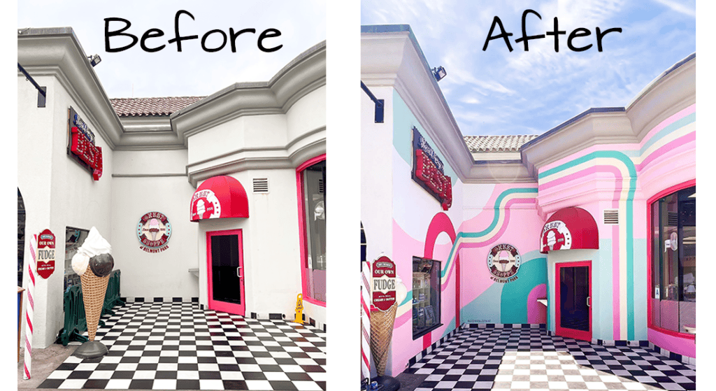 The before and after of Stefanie Bales transformation of Sweet Shoppe at Belmont Park (photo courtesy of ©Stefanie Bales)