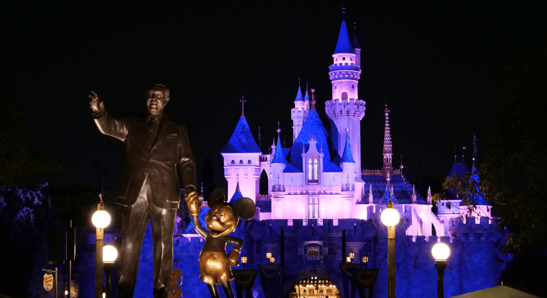 Walt Disney and Mickey ("Partners") in front of Sleeping Beauty Castle at the original Disneyland in Anaheim, California. (photo by Joe Tracy for ©Theme Park Magazine)