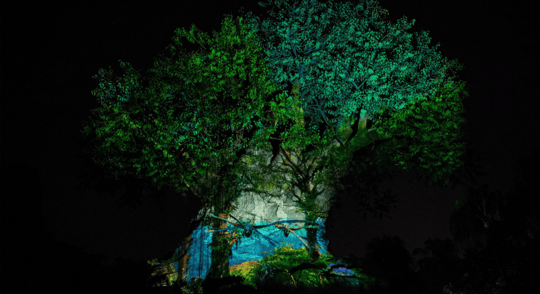 The Tree of Life at Disney's Animal Kingdom Theme Park is illuminated at night, bringing the tree to life. (David Roark, photographer ©Disney)